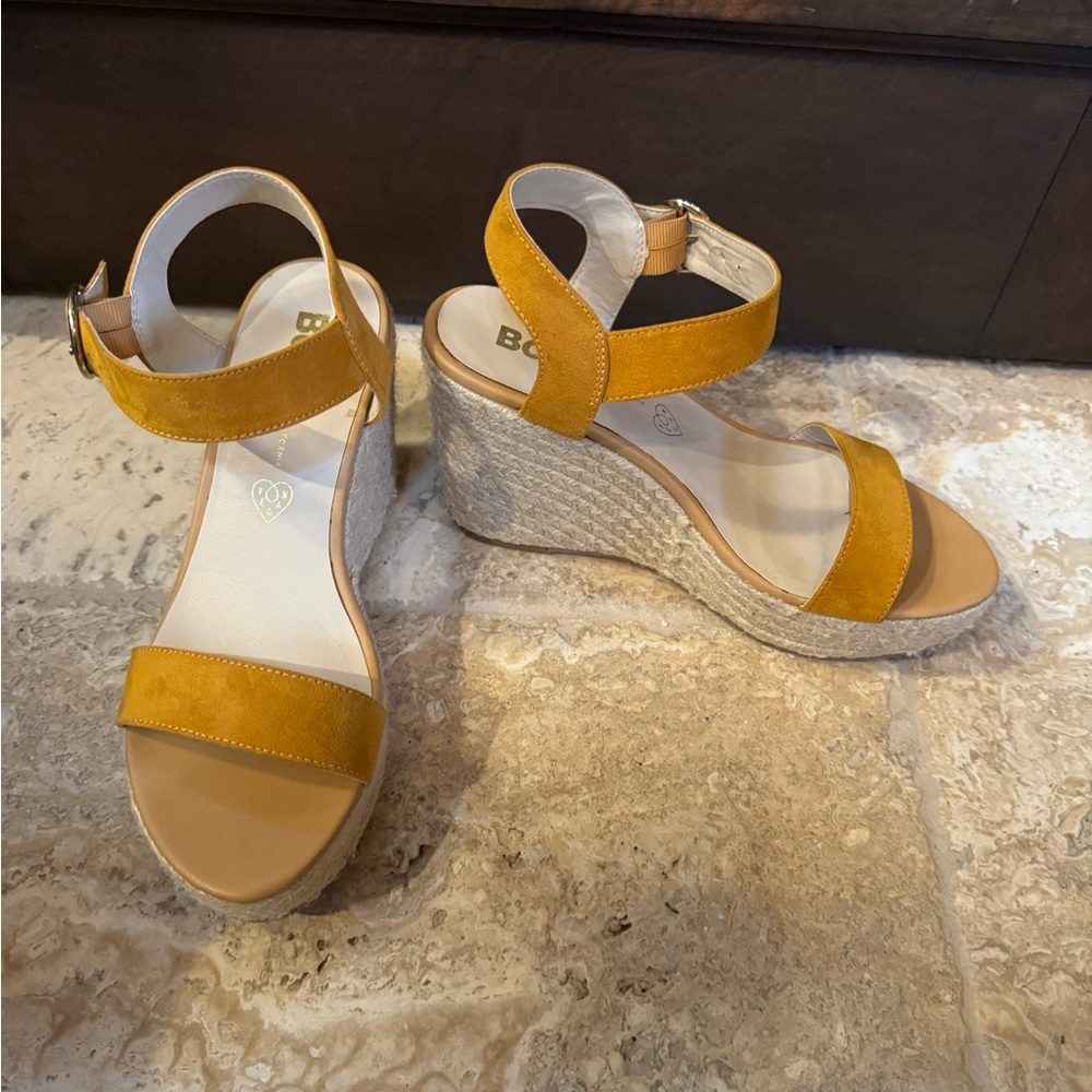 BC born in California mustard yellow ankle strap wedge